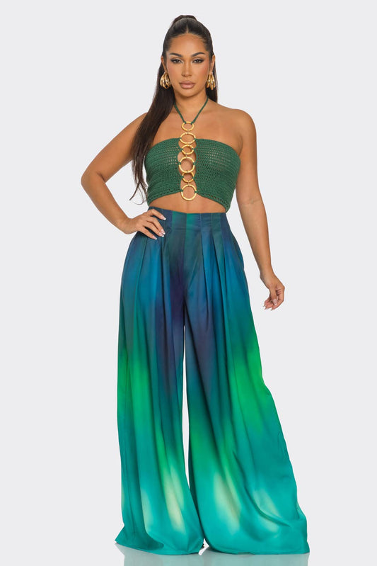 2PC HALTER TOP PRINTED WIDE LEG PANTS